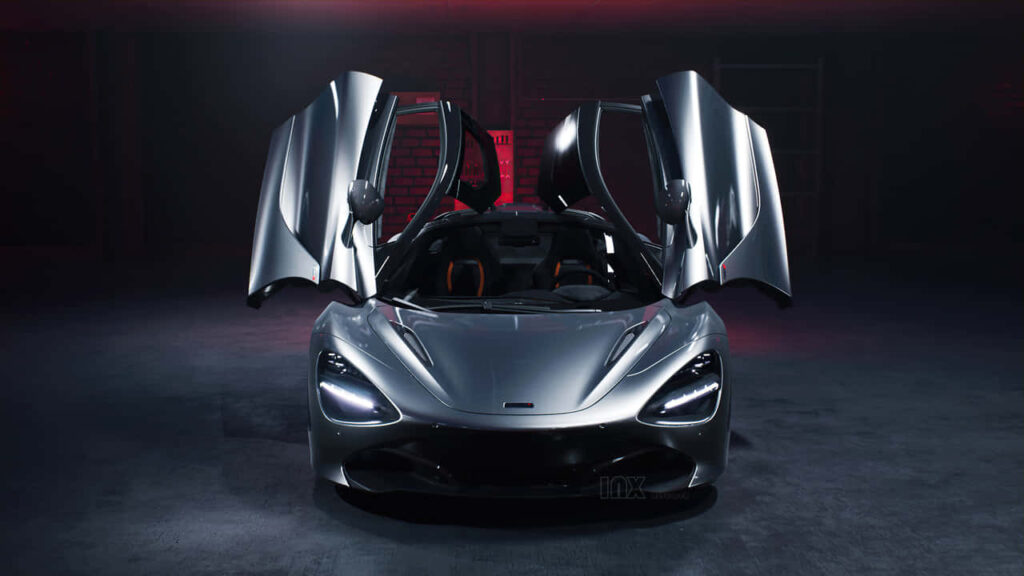 McLaren 720S with open butterfly doors showcasing sleek aerodynamic luxury sports car design wallpaper