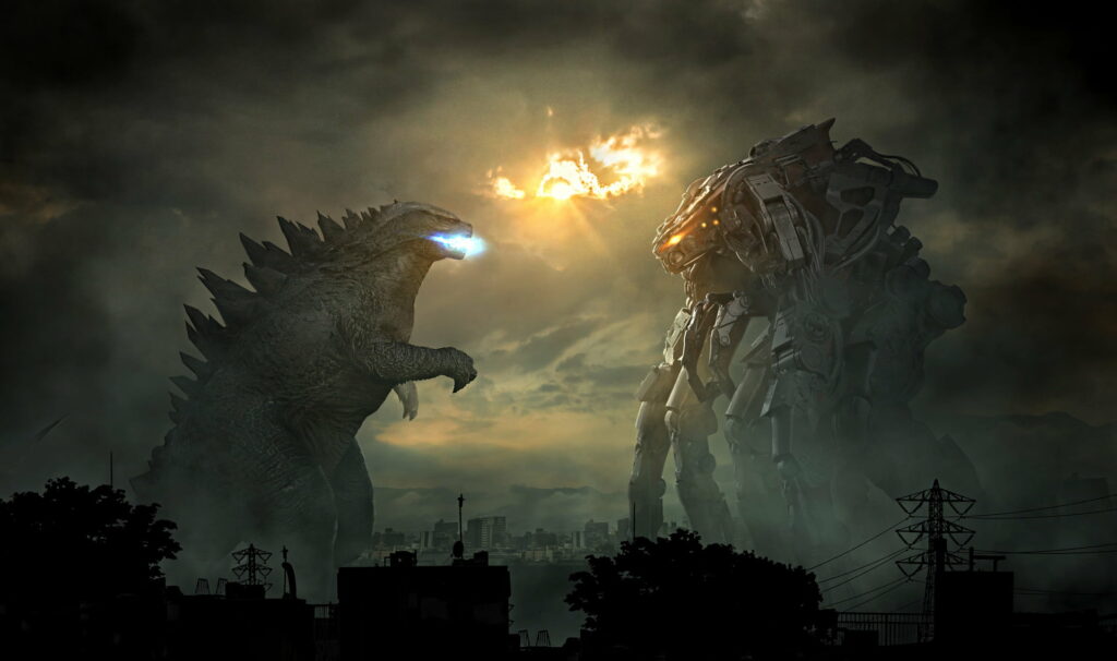 Godzilla vs Mechagodzilla dawn battle with glowing atomic breath over cityscape wallpaper