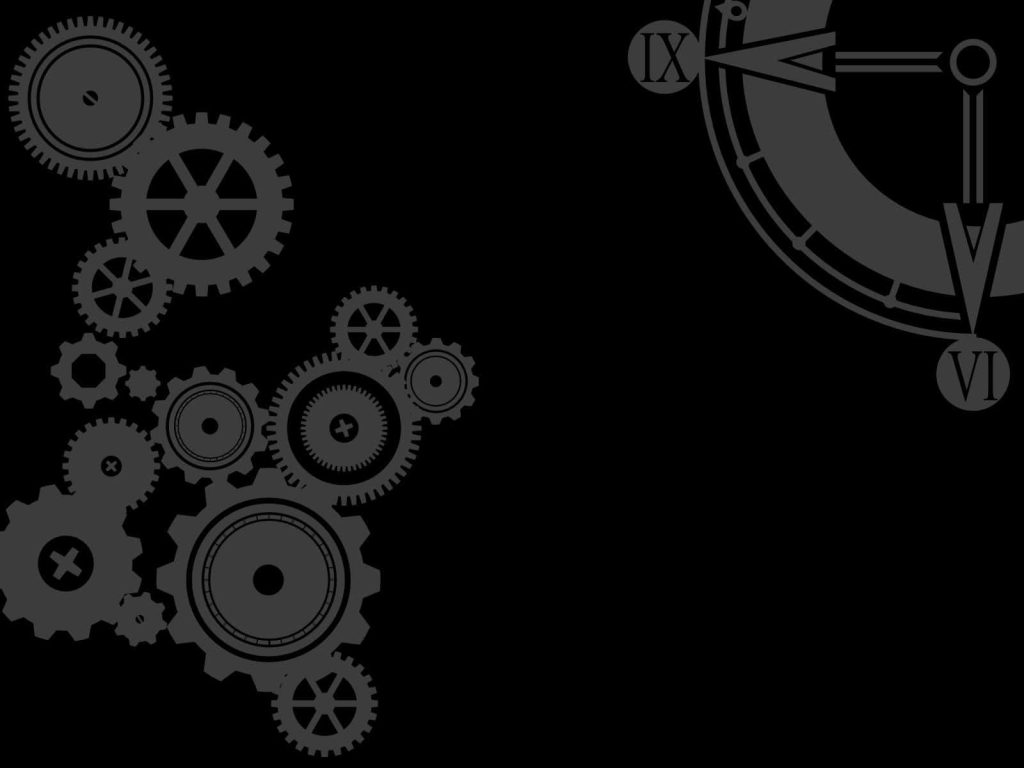 Abstract mechanical clockwork wallpaper with gray gears and Roman numerals on black background