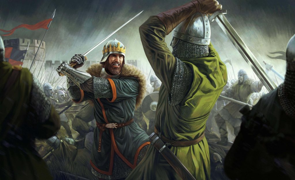 Medieval king fighting knight in stormy siege castle battle dramatic high-action wallpaper