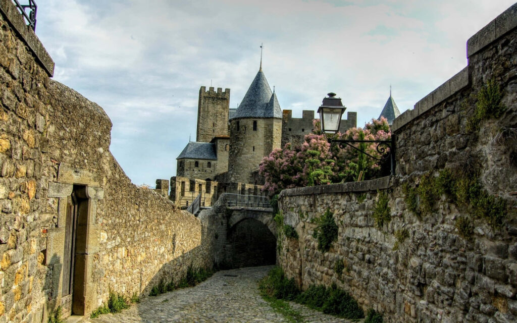 Charming Cobblestone Street in Carcassonne - Medieval Wallpaper