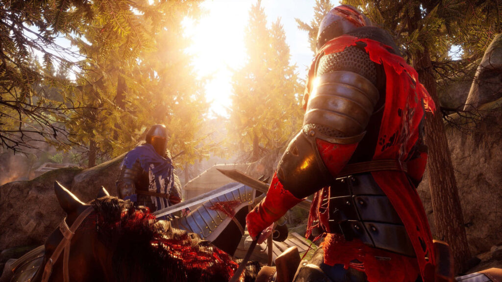 Mordhau Knight in Sunlit Forest: Medieval Combat Scene Wallpaper