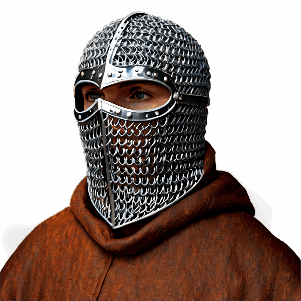 Medieval knight in detailed chainmail helmet and brown cloak on plain wallpaper background