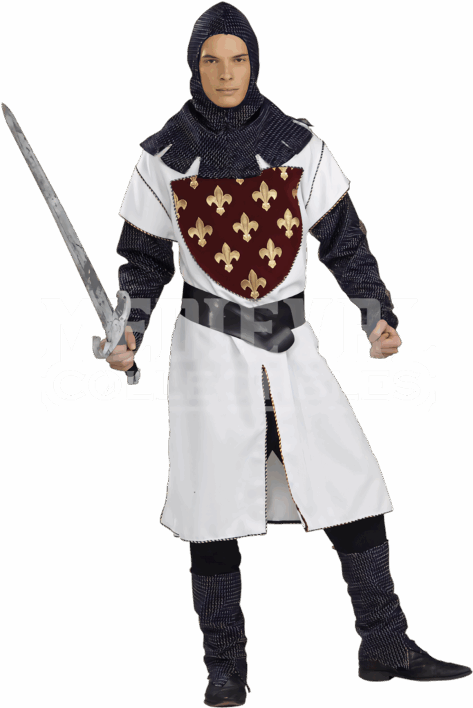 Medieval knight in chainmail with fleur-de-lis tunic holding sword and shield ready for battle Wallpaper