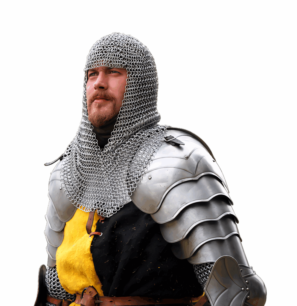 Medieval knight in full chainmail and plate armor standing proudly showing strength and nobility Wallpaper