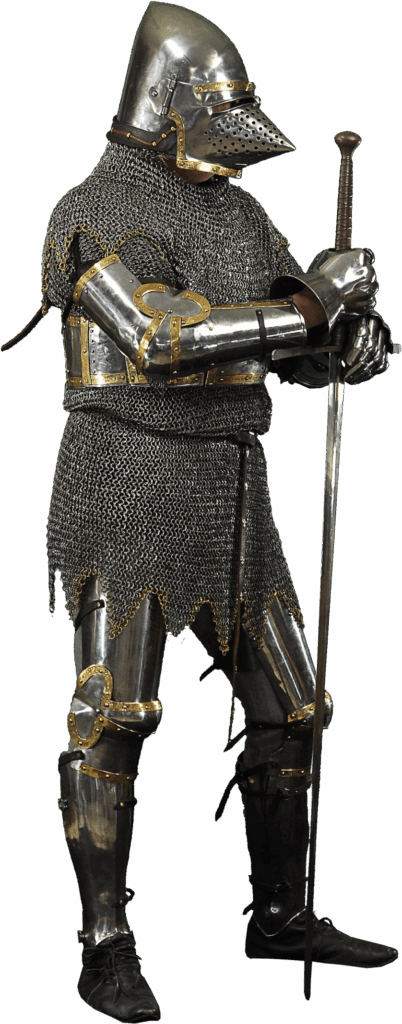 Medieval knight in full armor with detailed chainmail and polished metal sword on wallpaper background