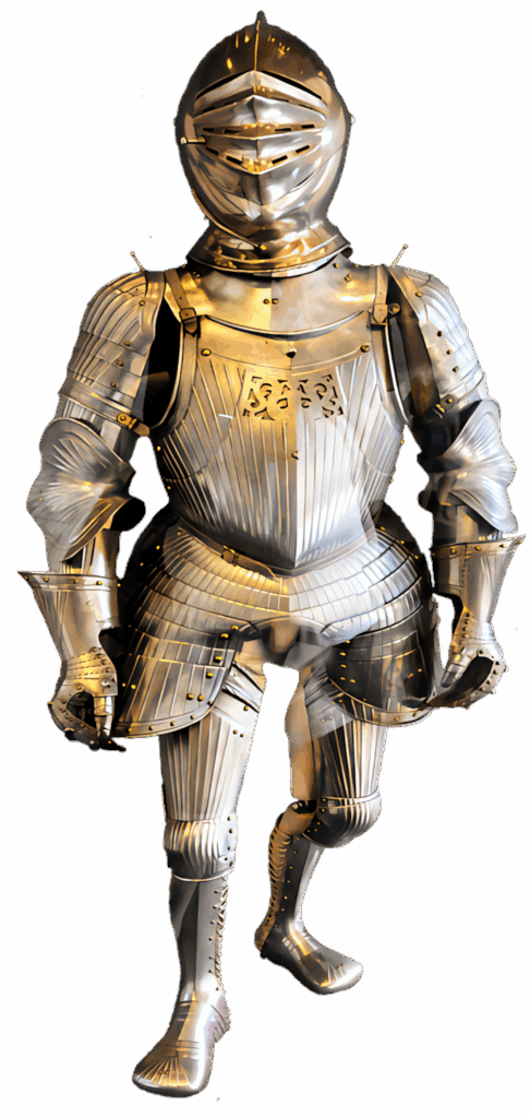 Medieval knight in full shining armor with detailed craftsmanship on wallpaper background