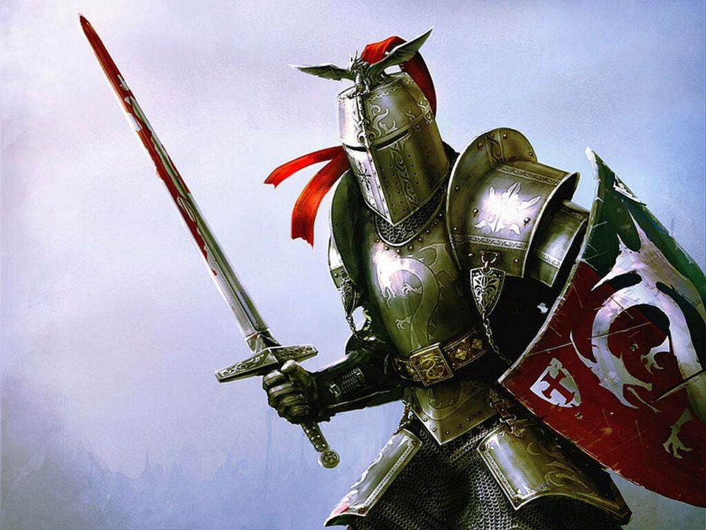 Medieval knight in shining armor with sword shield and red ribbon on misty fantasy background Wallpaper