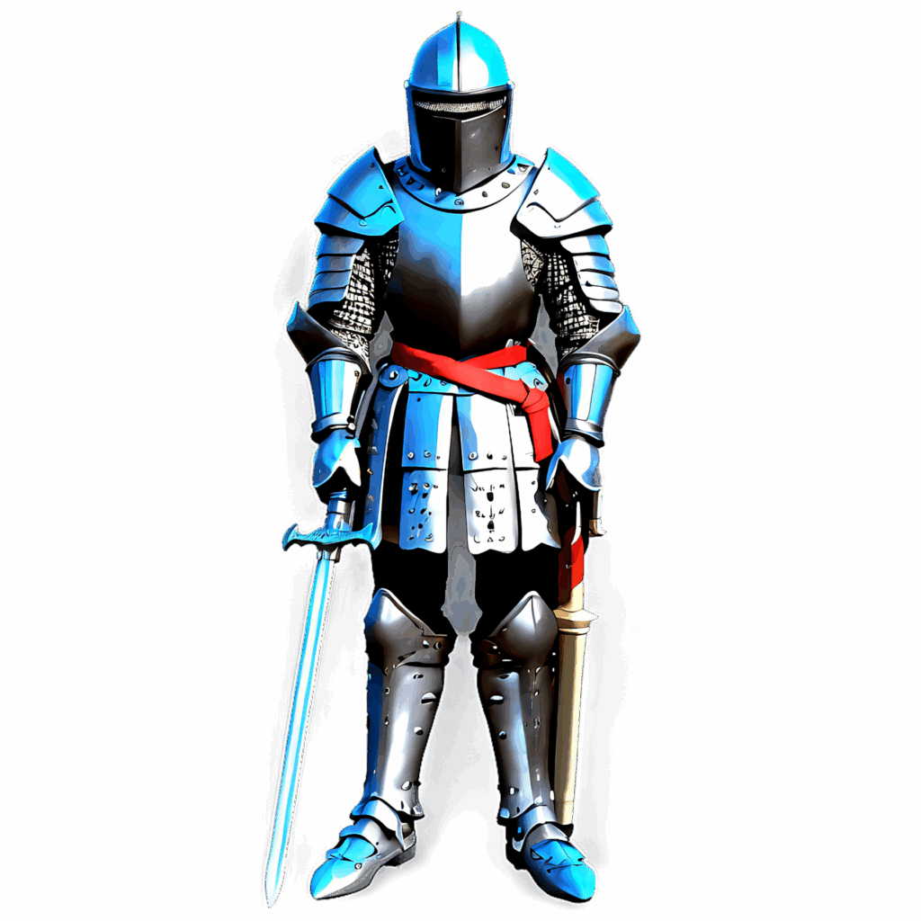 Medieval knight in shining steel armor holding sword standing confidently on neutral background Wallpaper