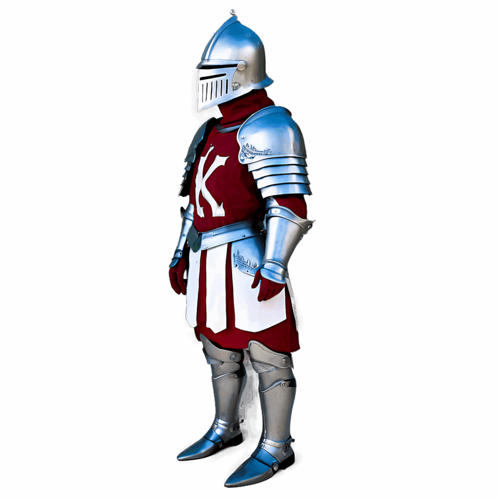 Fully armored medieval knight in polished silver suit with red tunic and closed visor helmet wallpaper