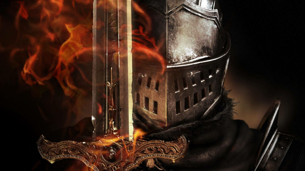 Medieval knight in steel helmet with raised broad sword surrounded by flames dramatic wallpaper