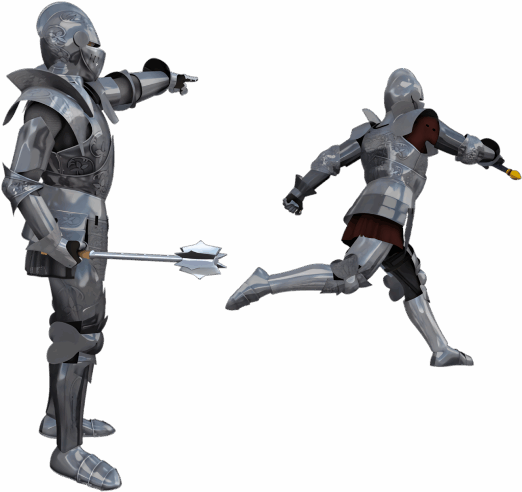 Two medieval knights in silver armor fight with mace sword and shield in dynamic combat scene Wallpaper