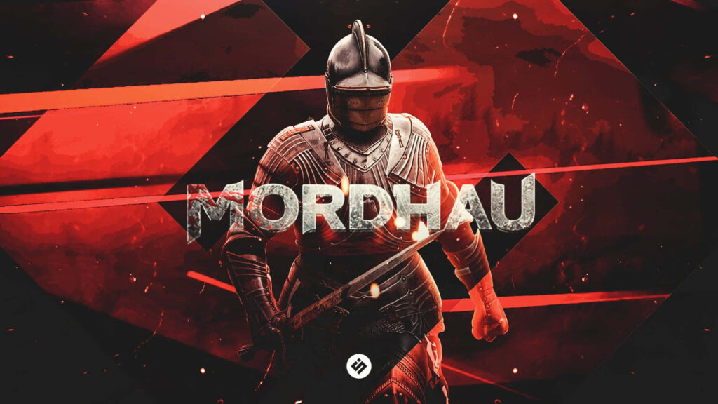 Medieval Knight in Armor with Sword and MORDHAU Logo on Geometric Background - Action-Packed Video Game Wallpaper
