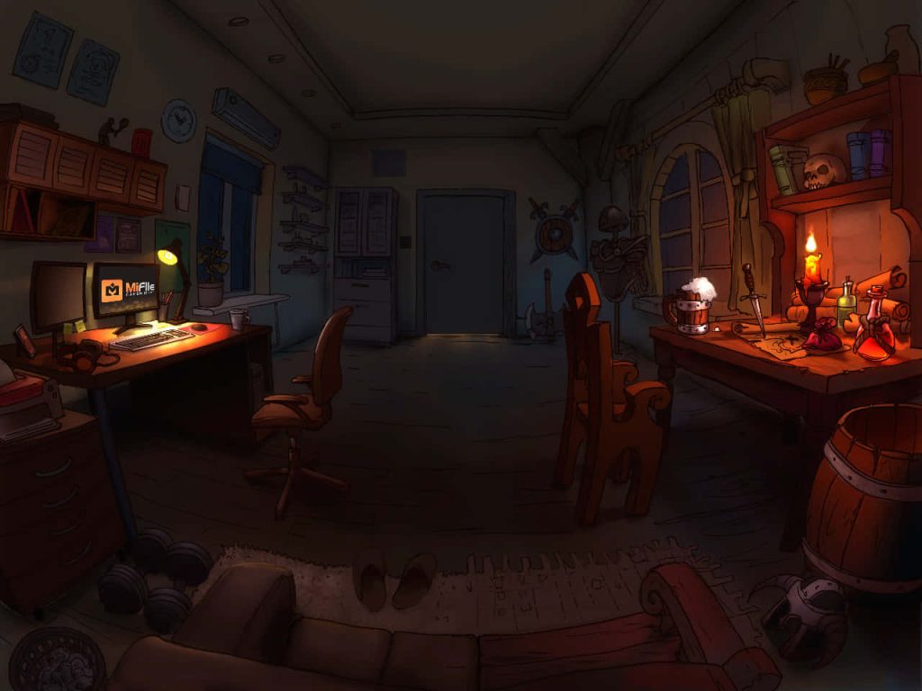 Digital art blending modern gaming setup with medieval study featuring armor map candlelight Wallpaper