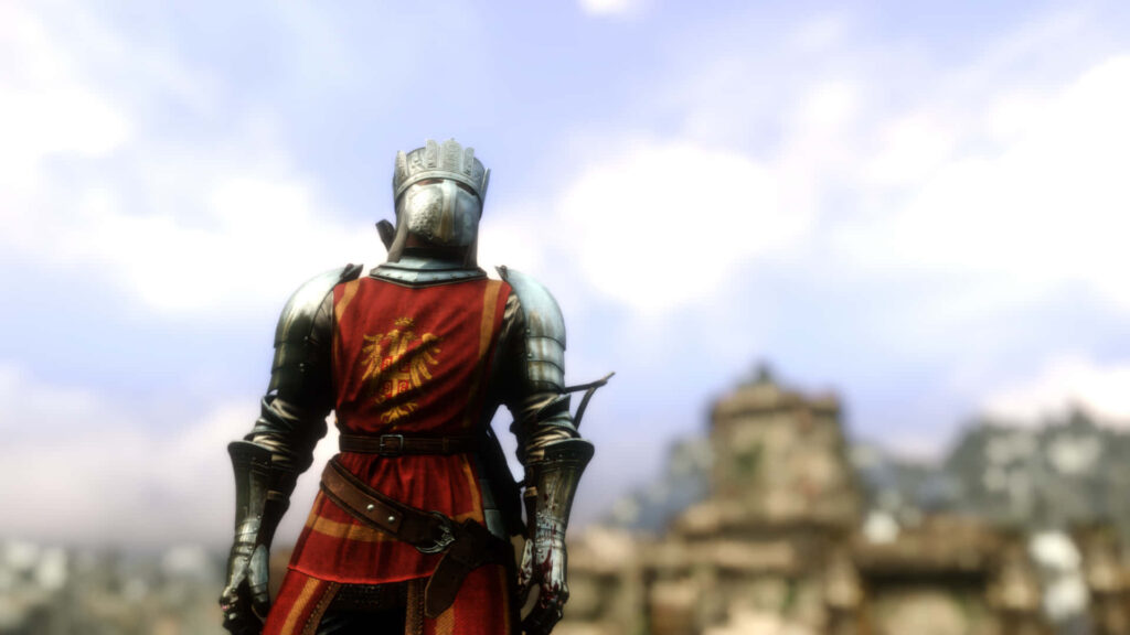 Medieval warrior in armor ready for battle at ancient fortress - perfect wallpaper for Mordhau game background