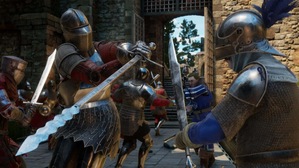 Mordhau Game Wallpaper: Medieval Battle Scene with Armored Warriors in Stone Fortress Background
