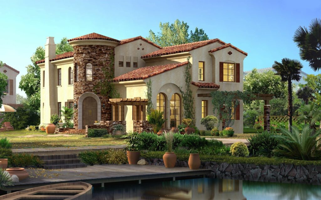Tranquil Mediterranean Home Wallpaper with Lush Greenery