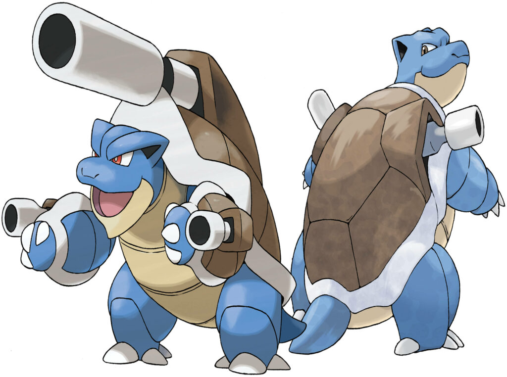 Mega Blastoise and Blastoise back to back with powerful cannons and armored shells wallpaper