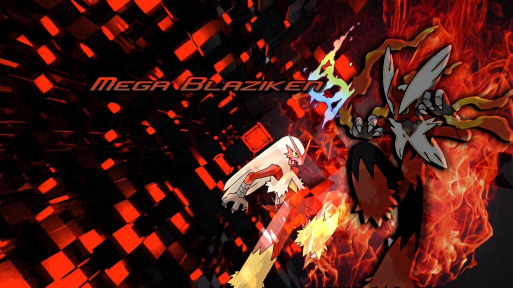 Mega Blaziken wallpaper with fiery red black flames and dynamic geometric background