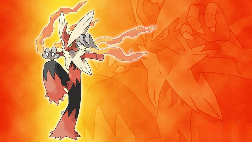 Mega Blaziken in dynamic orange vector art striking a powerful pose on fiery wallpaper background