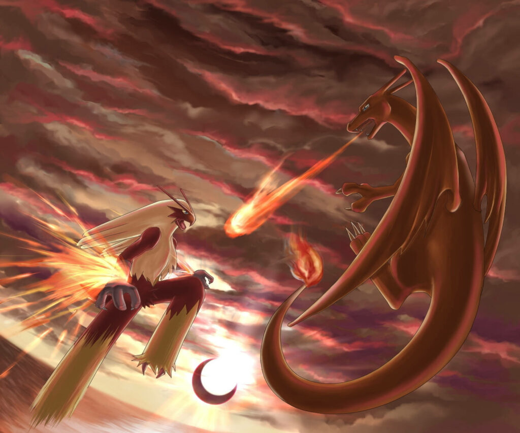 Mega Blaziken and Charizard battle with fiery attacks under a dramatic blazing sky wallpaper