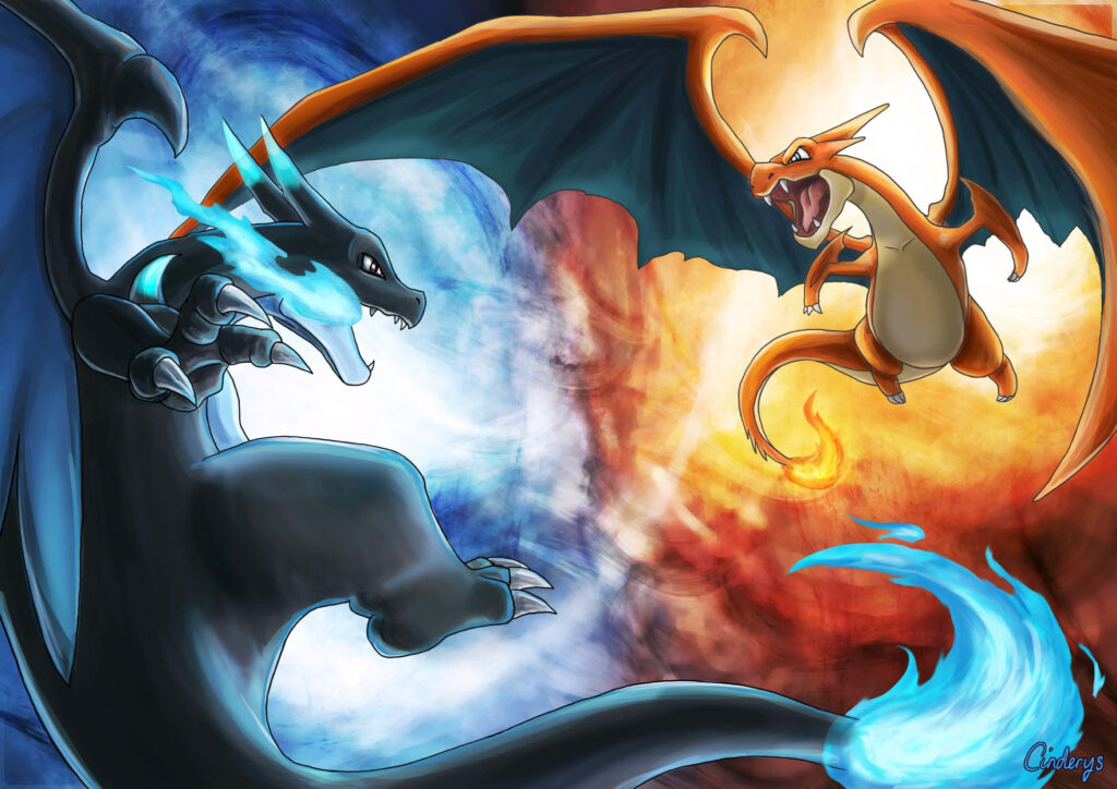 Mega Charizard Y and Mega Charizard X facing off with fire and ice dynamic wallpaper background