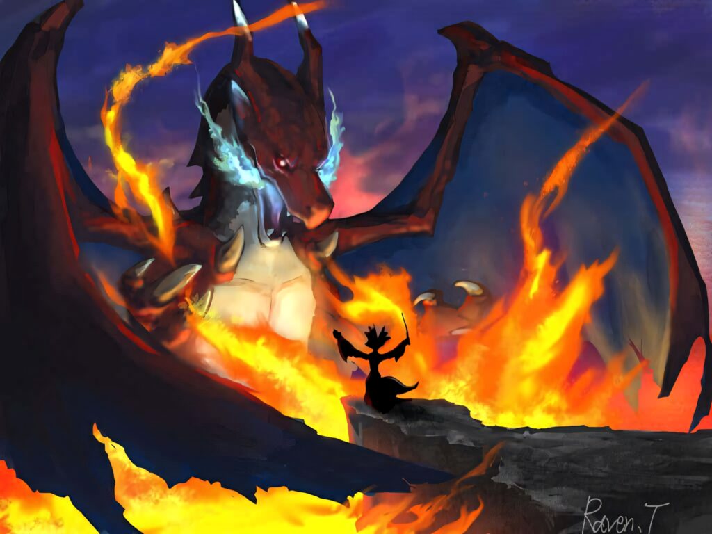 Mega Charizard X and Delphox battle with blue and orange flames in a fantasy Pokémon showdown wallpaper