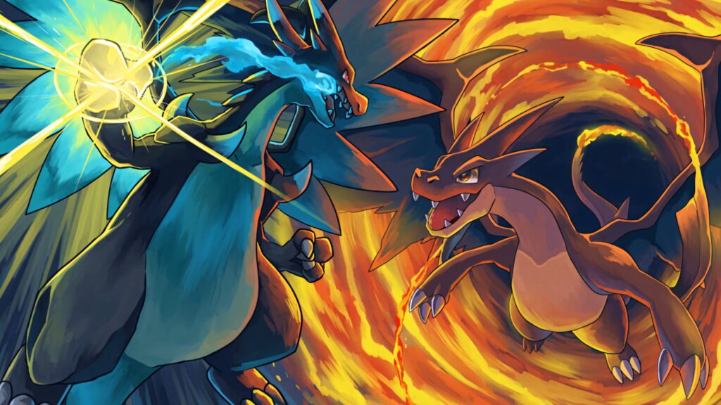 Mega Charizard Y and X clash with fiery orange and blue flames in vibrant dynamic Pokémon battle wallpaper