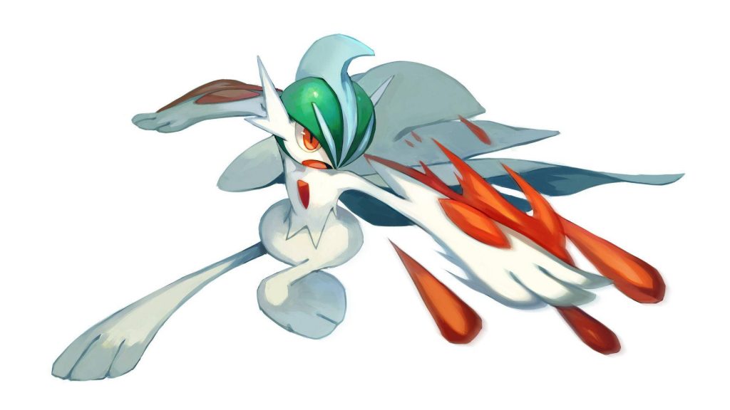 Mega Gallade in dynamic strike pose vibrant red and green accents on white background wallpaper