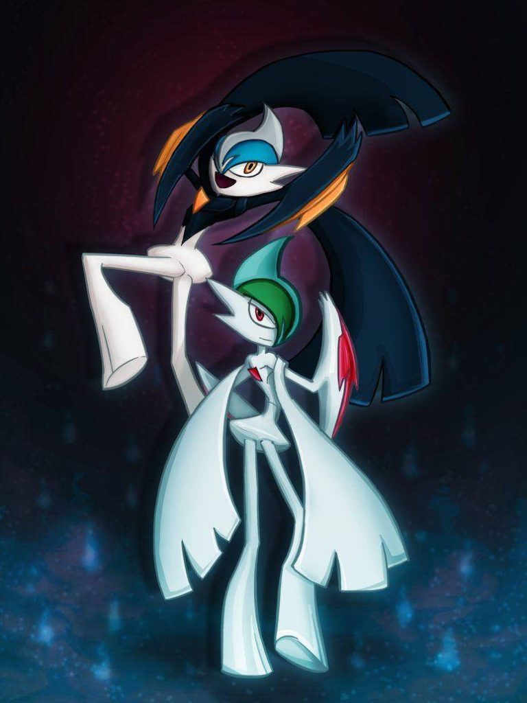 Mega Gallade and Mega Gardevoir striking dynamic poses on dark purple digital art wallpaper