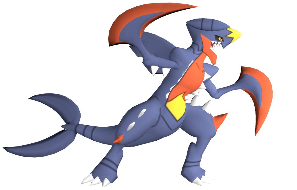 Mega Garchomp 3D digital art wallpaper vibrant blue orange armor dynamic fierce pose white background