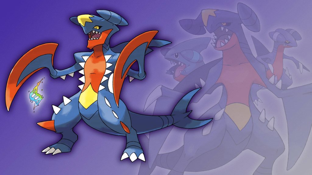 Mega Garchomp digital illustration with glowing Sinnoh map on purple gradient background wallpaper