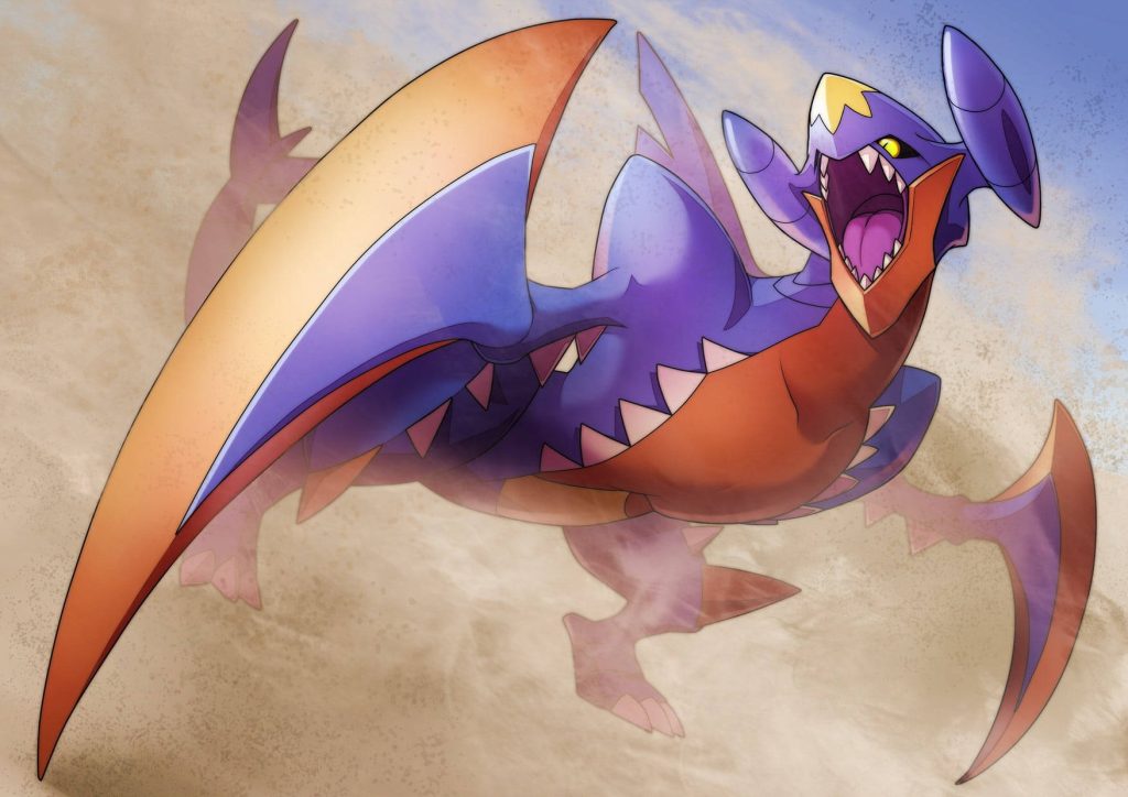 Mega Garchomp fierce dynamic pose with massive claws digital illustration wallpaper background