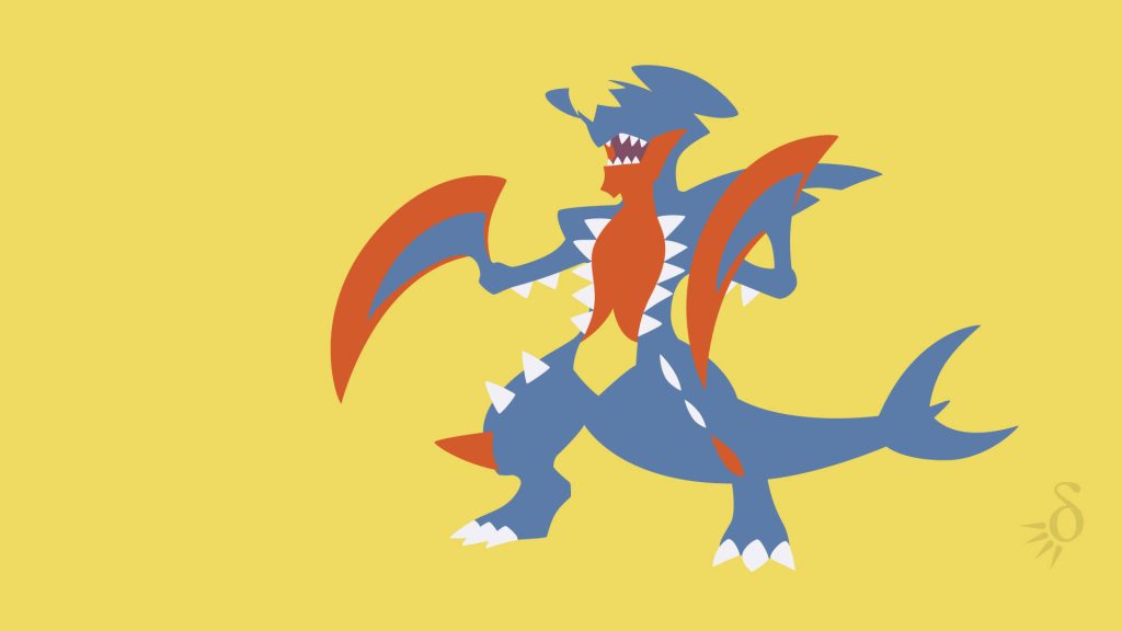 Mega Garchomp wallpaper flat vector art blue dragon sharp arms yellow background desktop