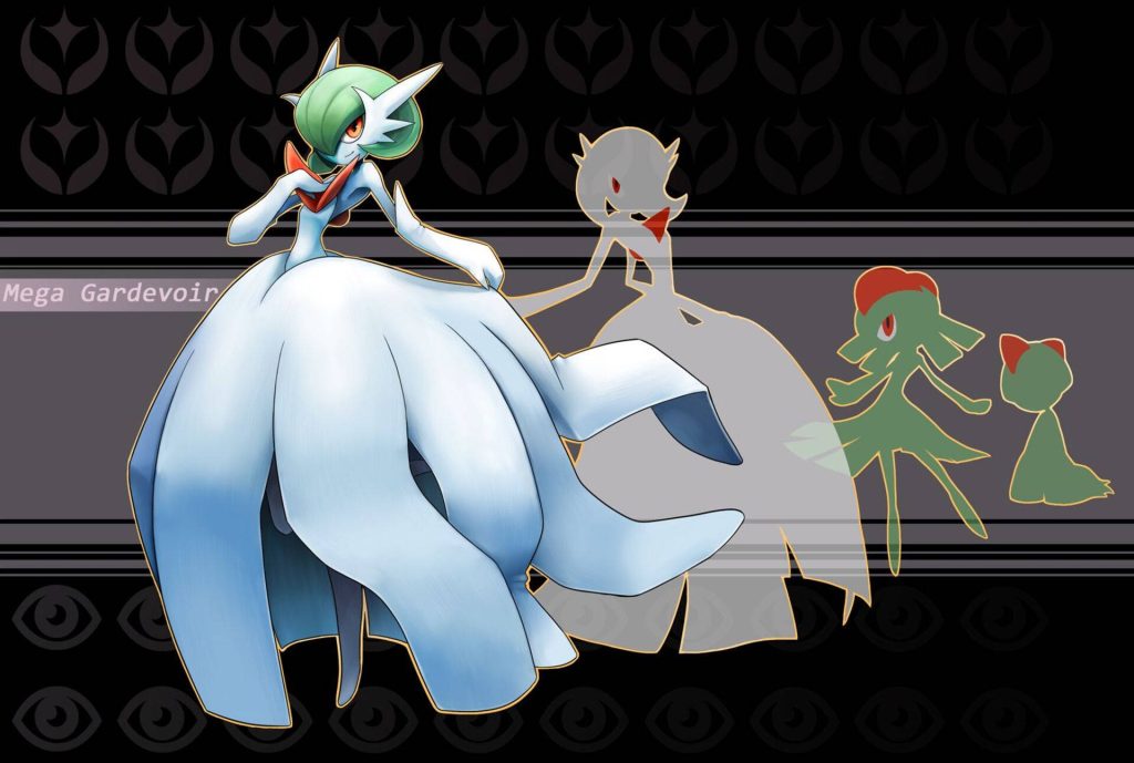 Mega Gardevoir evolution line digital art with Kirlia and Gardevoir on dark background wallpaper