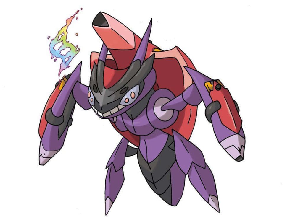 Vibrant digital fan art of robotic Mega Genesect with purple red armor and glowing energy effect Wallpaper