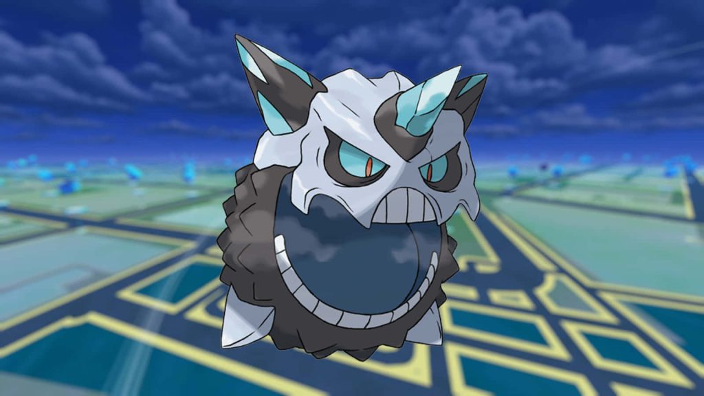 Mega Glalie Pokémon GO wallpaper with skull mask dark spherical form on blue city map background