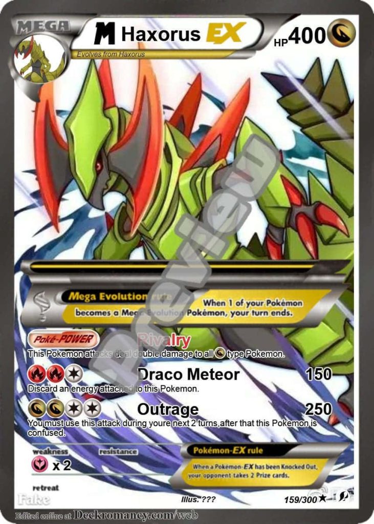 Custom Mega Haxorus EX Pokémon card fan art with green armor red blades and fierce digital design Wallpaper