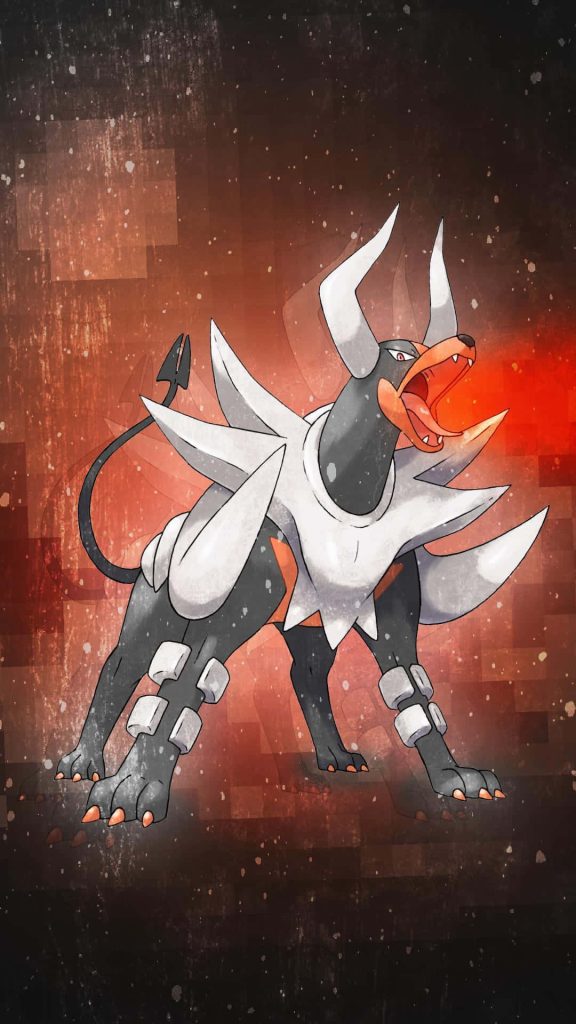 Mega Houndoom wallpaper fiery red background fierce Dark Fire type Pokémon with bone armor