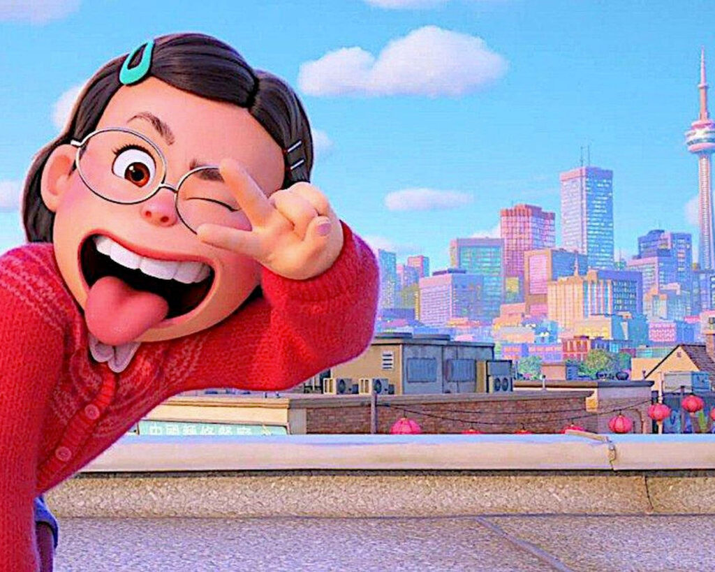 Meilin's Wacky Pose: Vibrant Cityscape Wallpaper Background