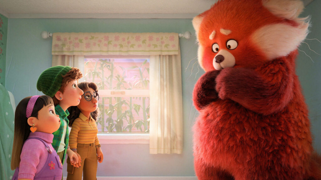Meilin's Red Panda Surprise: Cozy Wallpaper Scene with Friends