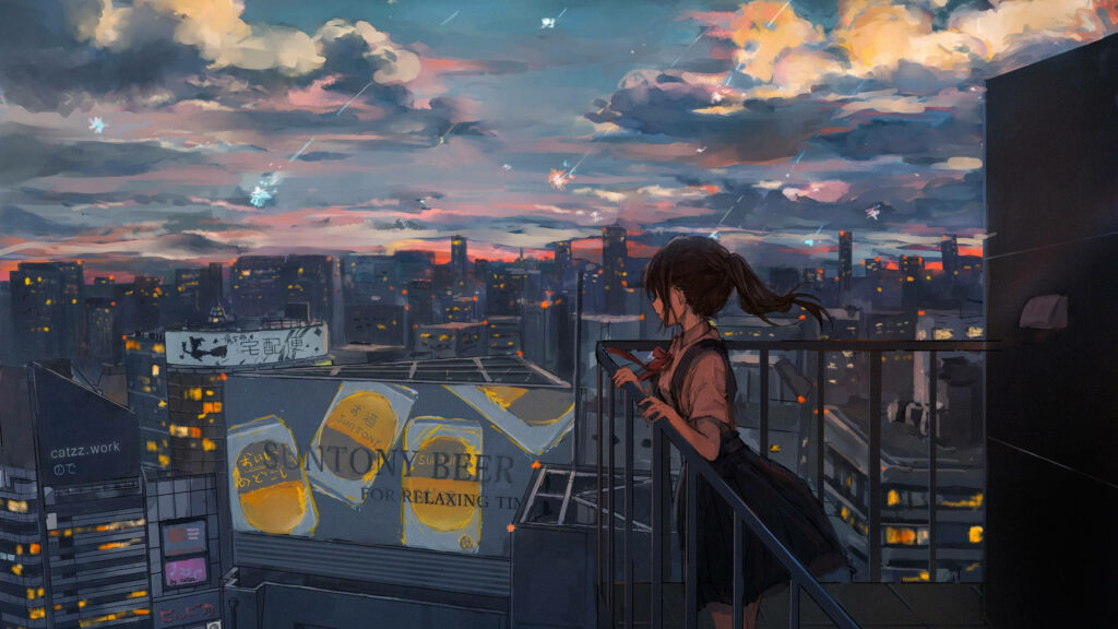 Melancholic Anime Girl Rooftop Wallpaper: Twilight Meteor Shower