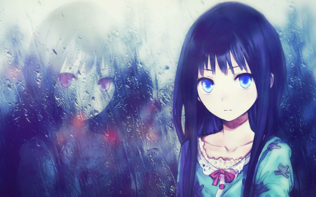 Melancholic Anime Girl at Rainy Window – Emotional Wallpaper Background