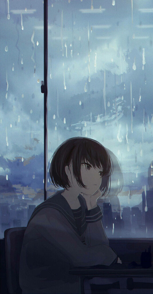 Melancholic Anime Girl Wallpaper: Rainy Reflections & Quiet Sadness