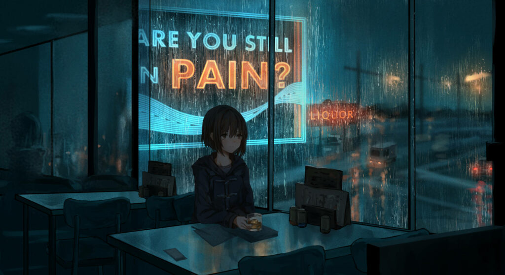Melancholic Anime Girl Wallpaper: Rainy Night Diner Vibes