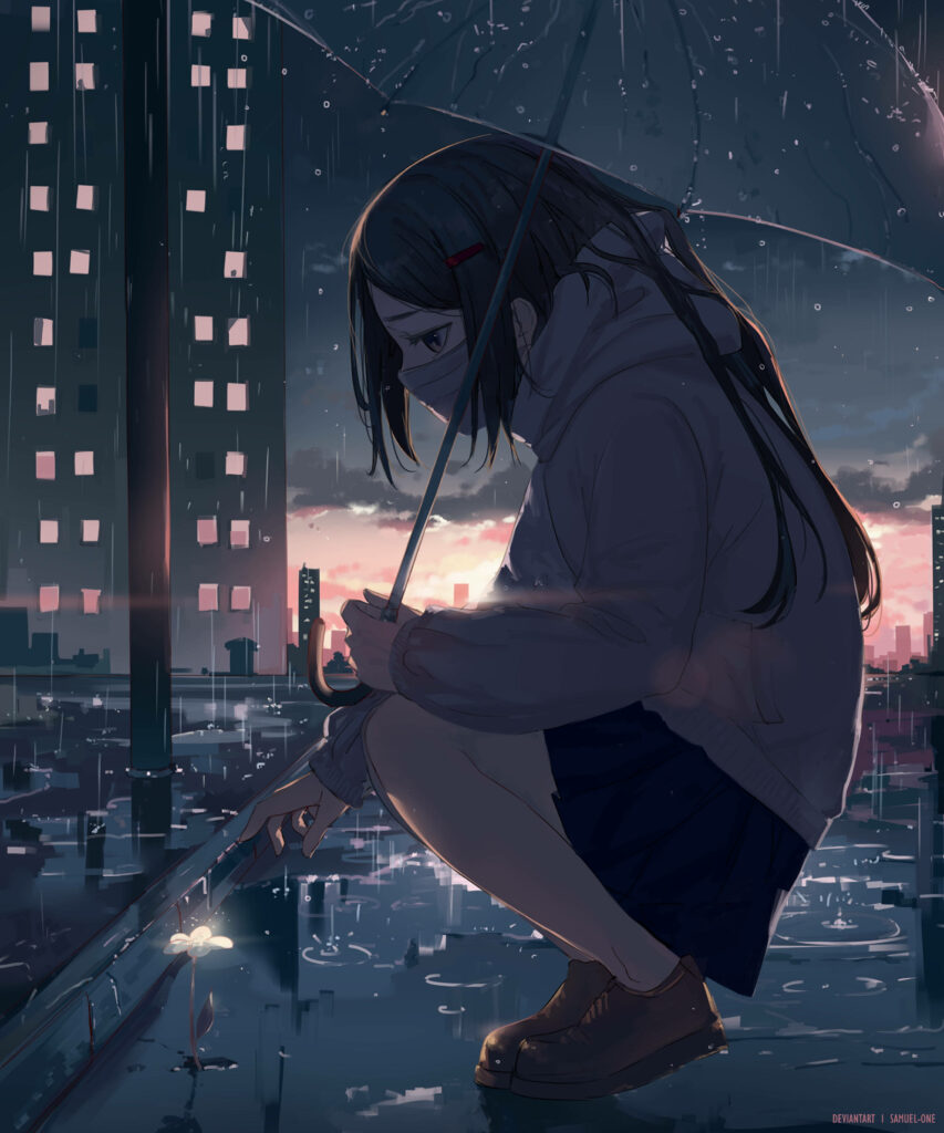 Melancholic Anime Girl Wallpaper: Rainy Rooftop Serenity