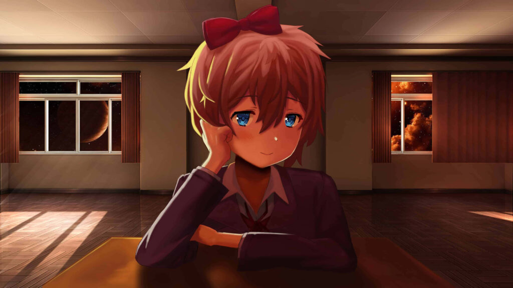 Anime Wallpaper: Melancholic Room with Cosmic Scene & Expressive Eyes