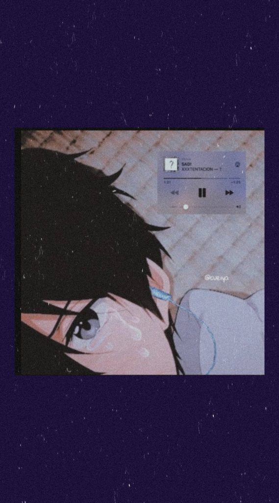 Moody anime wallpaper of crying boy with SAD by XXXTENTACION on dark grainy background