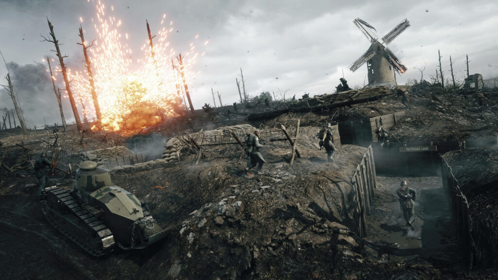 Intense Battlefield 1 Wallpaper: Soldiers in Trenches, Tank, and Explosion - World War I Scene!