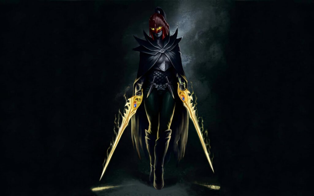 Melancholic Drow Ranger with glowing golden blades in dark fantasy wallpaper background